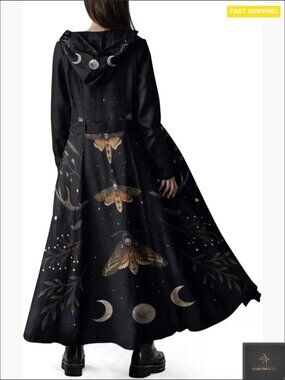 Long Fleece Trench Coat Gothic Winter Peacoat with Hood Maxi Length Belted